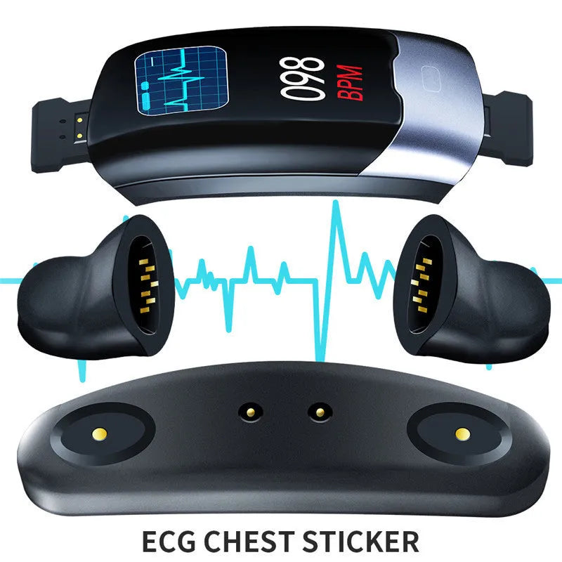 Black smart bracelet with digital display showing heart rate on a wrist.