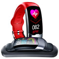 Black smart bracelet with digital display showing heart rate on a wrist.