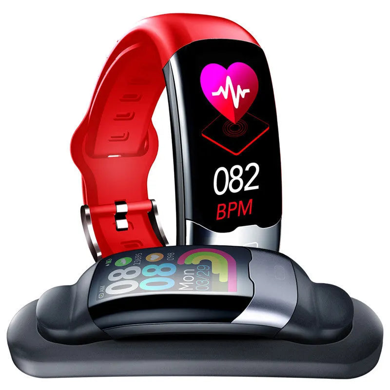 Black smart bracelet with digital display showing heart rate on a wrist.