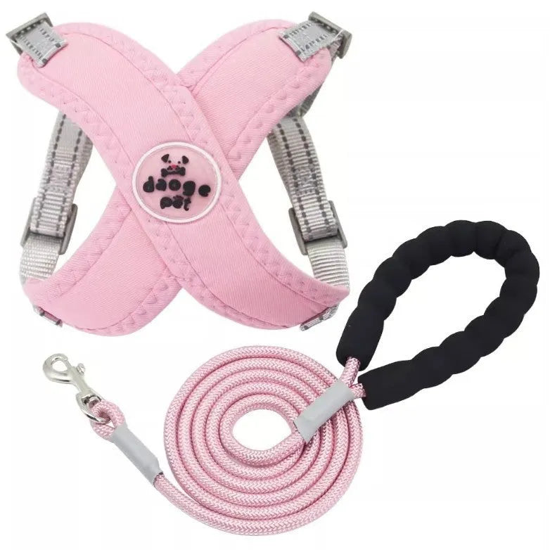 Dog walking vest with attached hand-holding rope in blue, green, pink or yellow colours