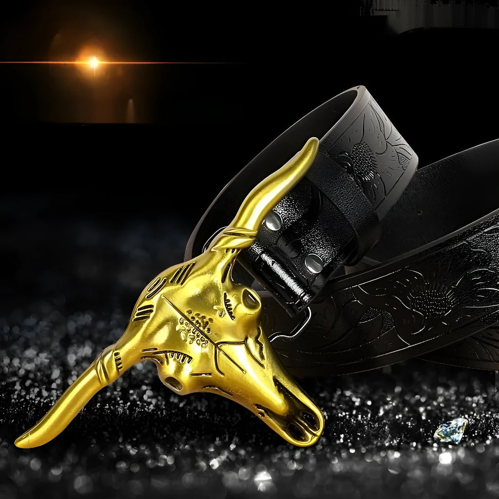 Men's black imitation leather belt with a detailed alloy cow head buckle.