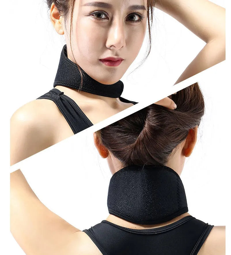 Black self-heating magnetic therapy neck guard with adjustable shoulder strap