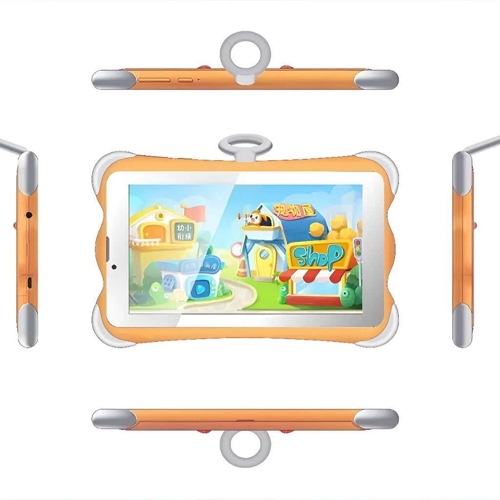 7-inch children's learning tablet in cartoon colours with a stand, showing the screen and 3G call function.