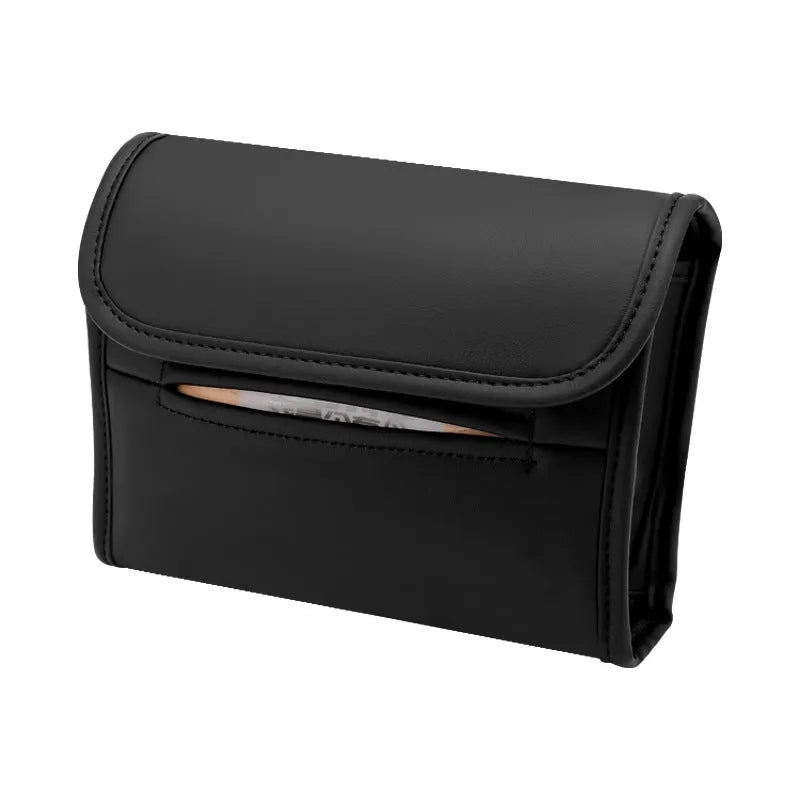 Leather car tissue box with elastic band mounting for sun visor or chair back attachment