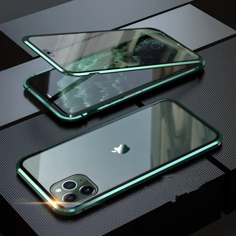 Glass anti-spy iPhone case with clamshell cover shown in black, silver, red, gold, green, and blue colour options.