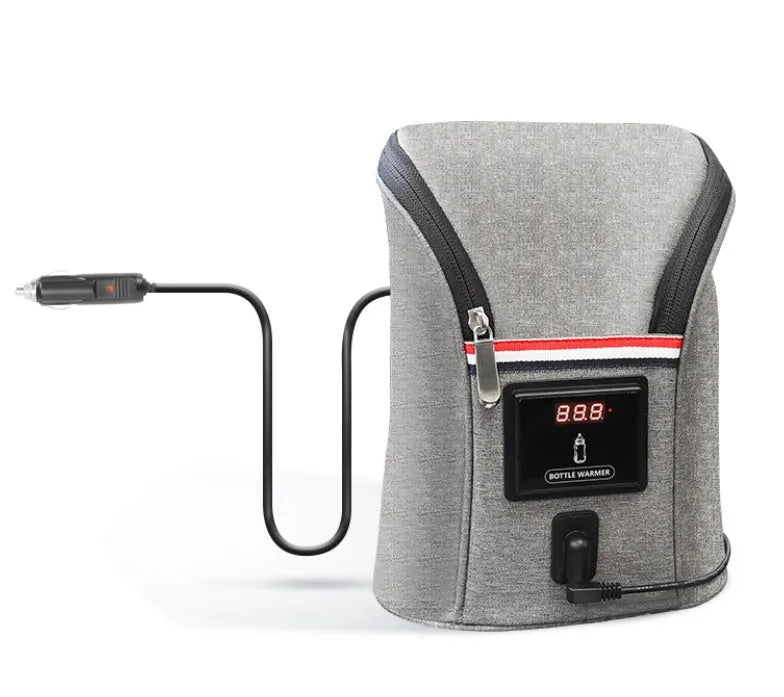 Grey portable car baby bottle warmer with dual slots and digital temperature display screen connected to 12V charger