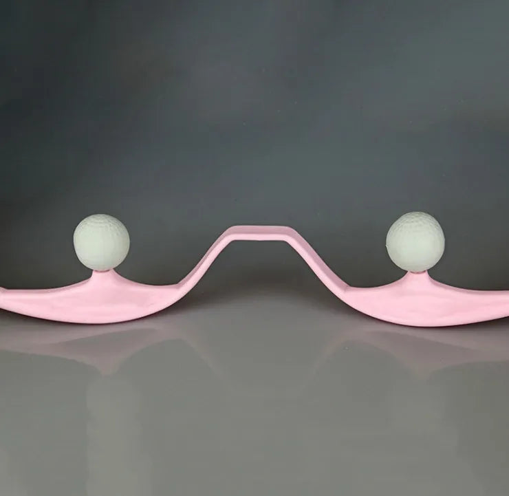 Manual neck and shoulder massager with adjustable stand and 3D floating-point rollers in pink, blue, and green colours.