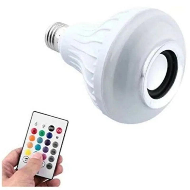 White smart LED bulb with Bluetooth speaker and remote control showing E27 screw base