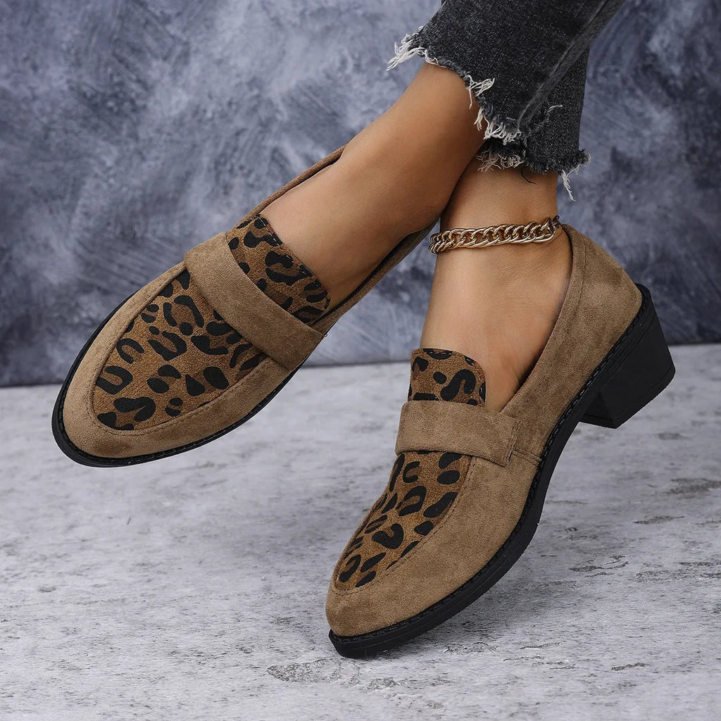 Leopard print suede casual pumps with chunky heel and pointed toe in brown, khaki, or pink colours