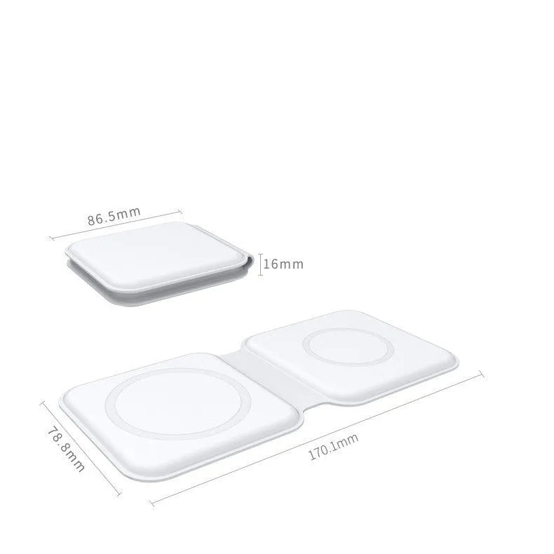 White foldable magnetic wireless charging dock showing dual charging surfaces and Type-C port