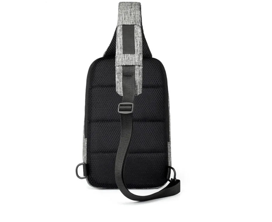 Dark blue waterproof Oxford cloth chest bag with zipper opening showing internal mobile phone compartment