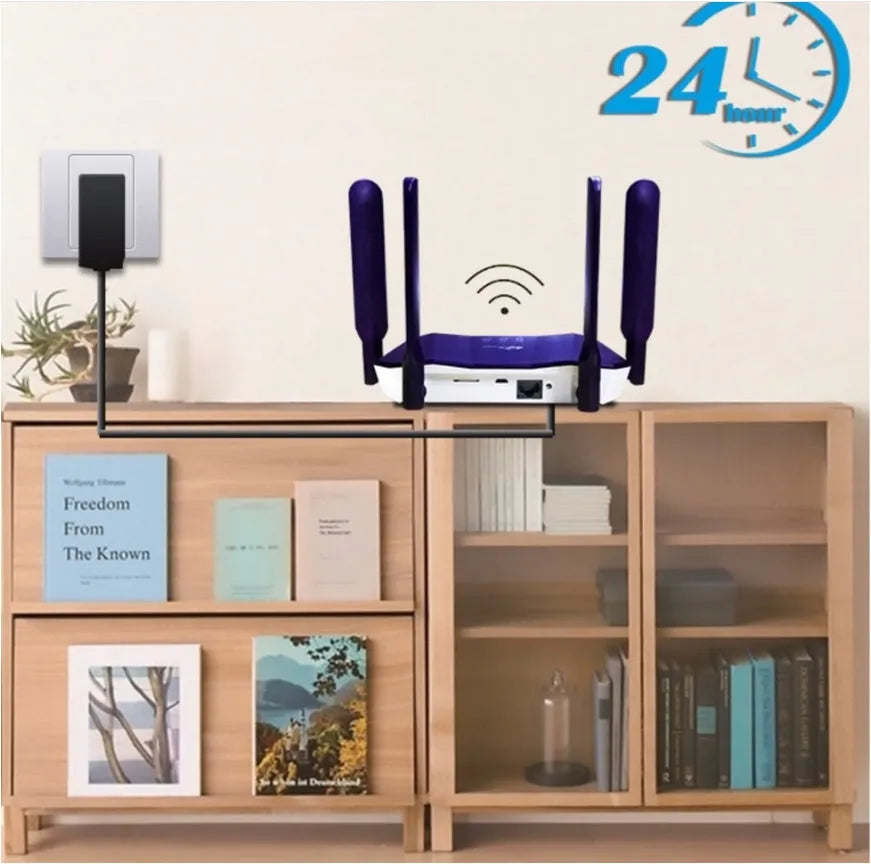 Blue 4G dual mode router with four external antennas showing front panel and connectivity ports
