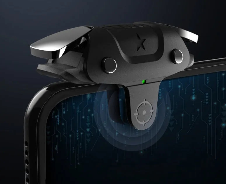 Black USB mobile phone game controller with compact ergonomic design measuring 5x2.5x2.96cm
