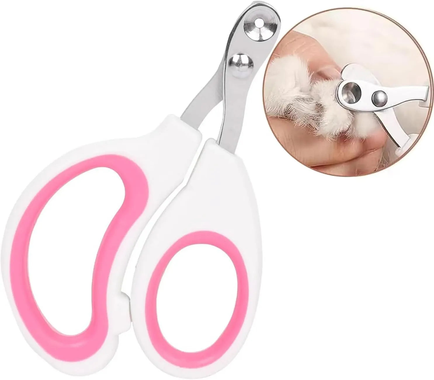 Blue cat nail clippers with a circular guide hole and non-slip grip handle on a white surface.