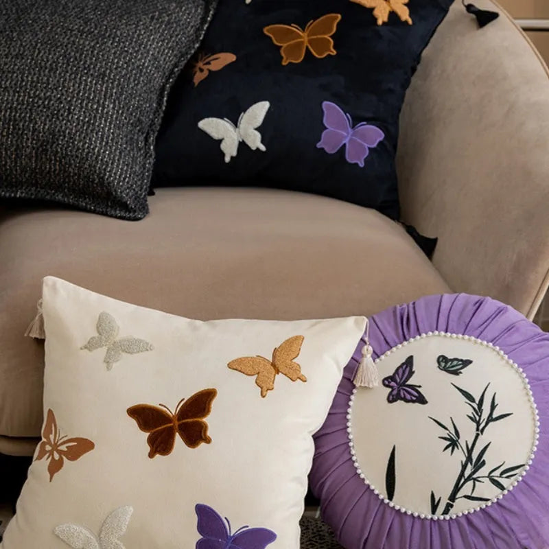 Butterfly embroidery Chinese style decorative cushion 45x45cm beige black purple