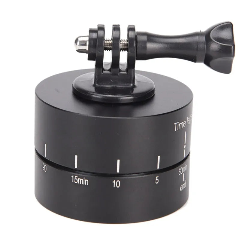 360-degree auto rotate camera tripod head base on a tripod with a GoPro camera attached