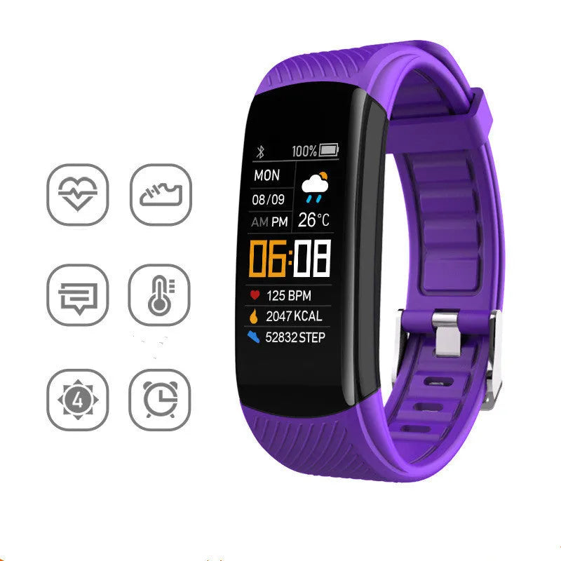 Black waterproof smart fitness tracker bracelet with 0.96-inch screen on a wrist