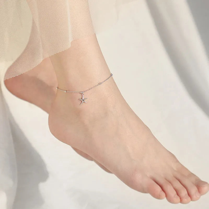 Sterling silver anklet with starfish charm and adjustable chain with lobster clasp
