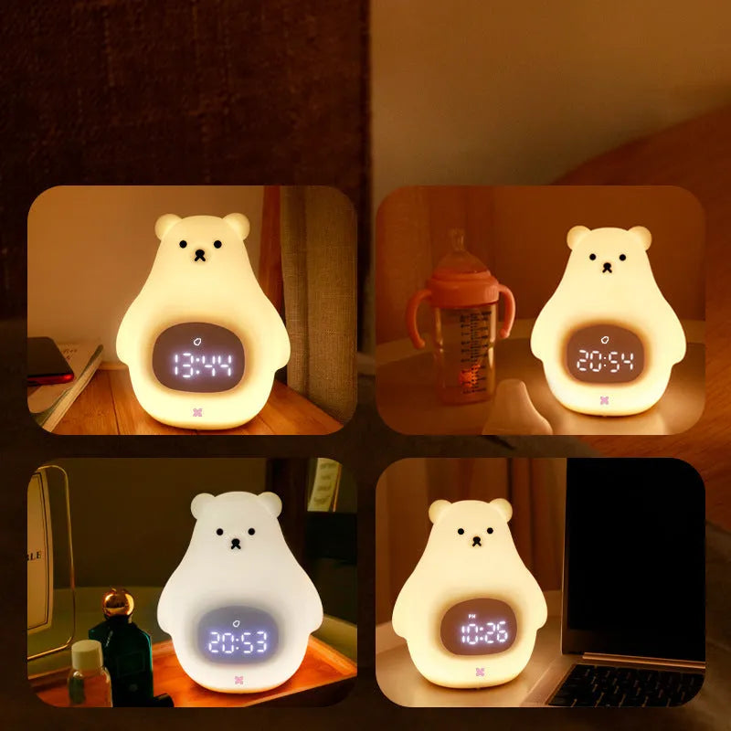 White bear-shaped silicone night light with remote control on a table.