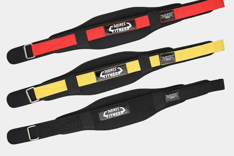 Nylon fitness weightlifting waistband for adults in black, red, or yellow on a gym background.