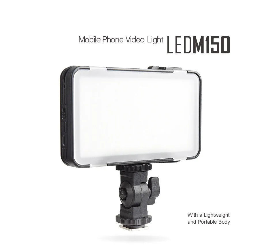 Shenniu M150 ultra-thin silver LED video light panel with 150 beads, shown with L-bracket for phone or camera mounting.