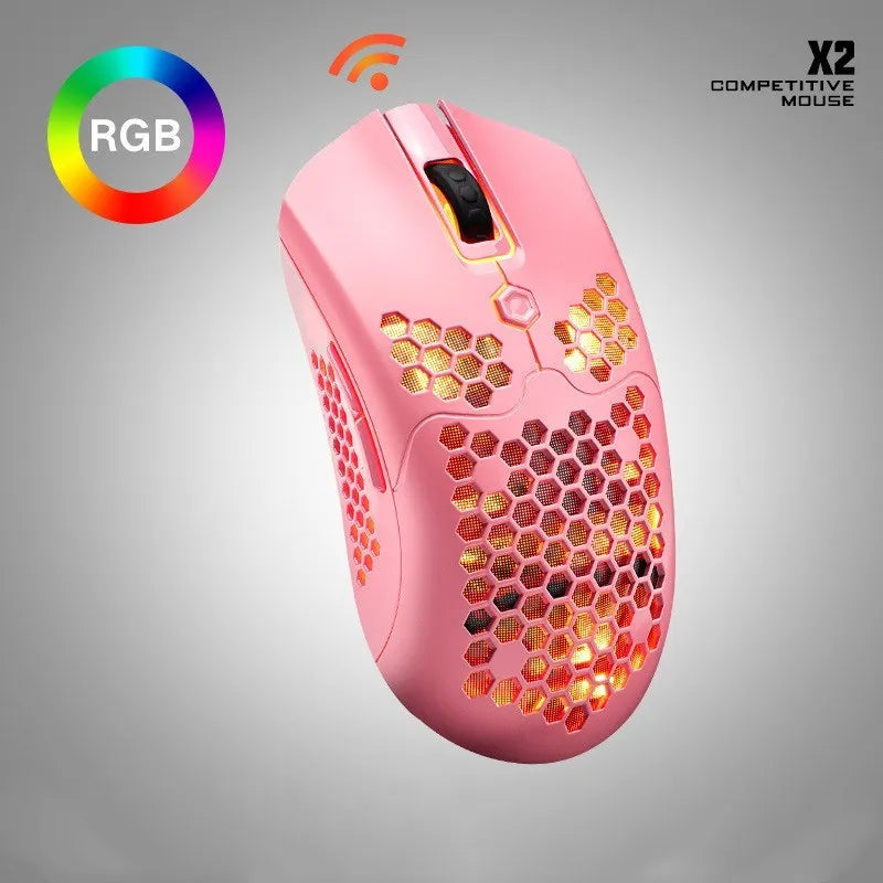 Free Wolf X2 dual-mode wireless gaming mouse with RGB lighting in black, green, pink, white, and yellow colour options