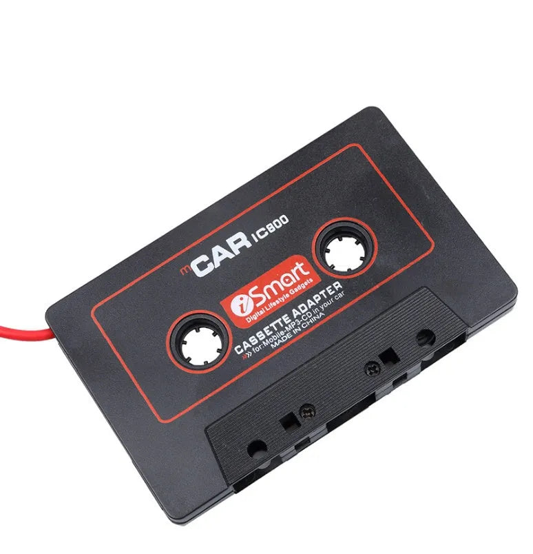 Black car cassette adapter with 3.5mm audio jack for connecting portable music players to car stereos