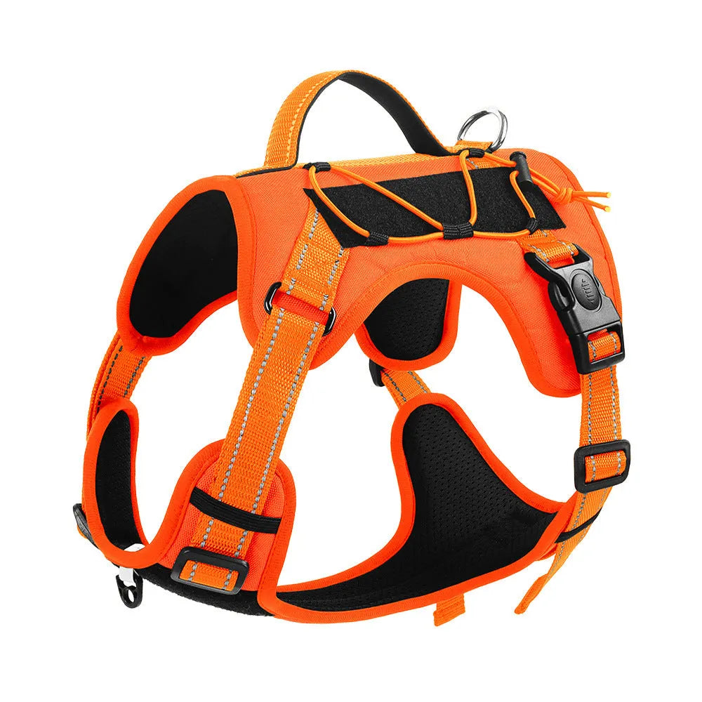 Orange reflective dog vest harness with integrated black hand-grip rope leash on a dog.