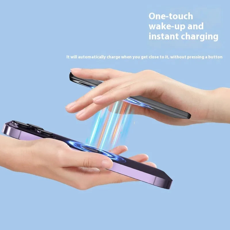 Ultra-thin magnetic power bank in dark grey alloy casing showing side profile with 9mm thickness