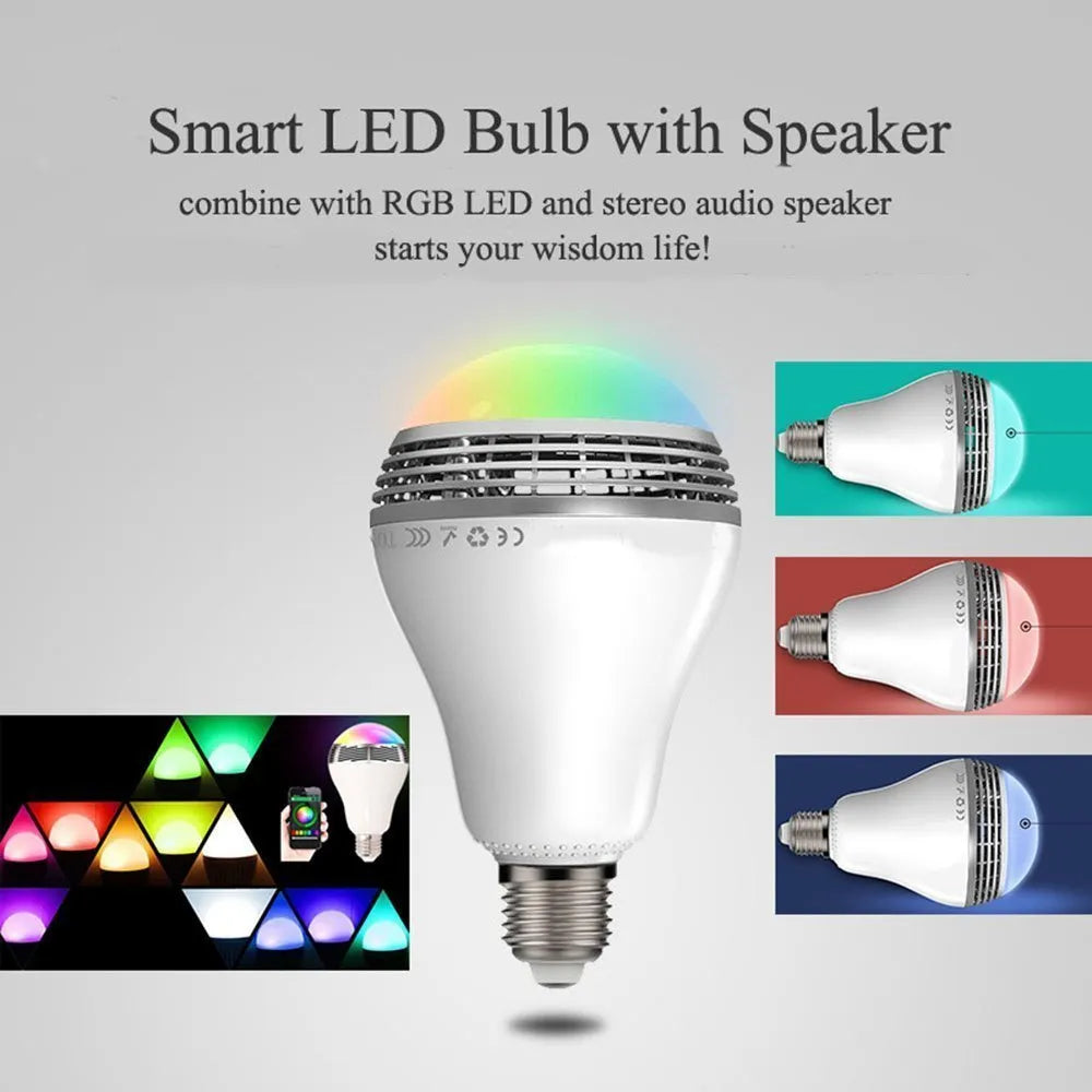 E27 smart LED bulb with Bluetooth speaker inside, showing RGB colour changing light