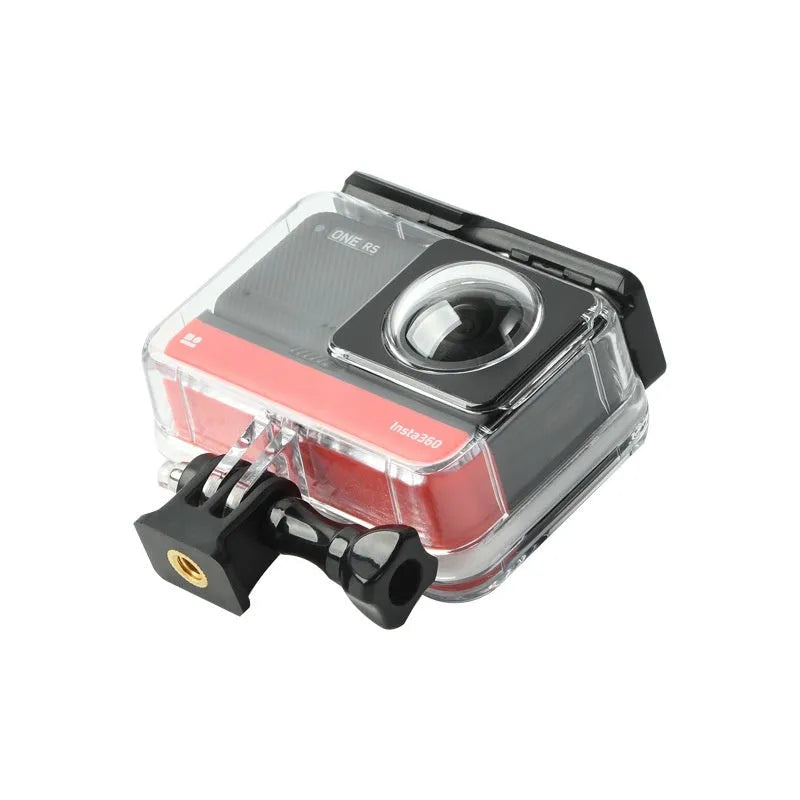 Transparent Insta360 One RS waterproof case showing dual lens openings and clear polycarbonate construction