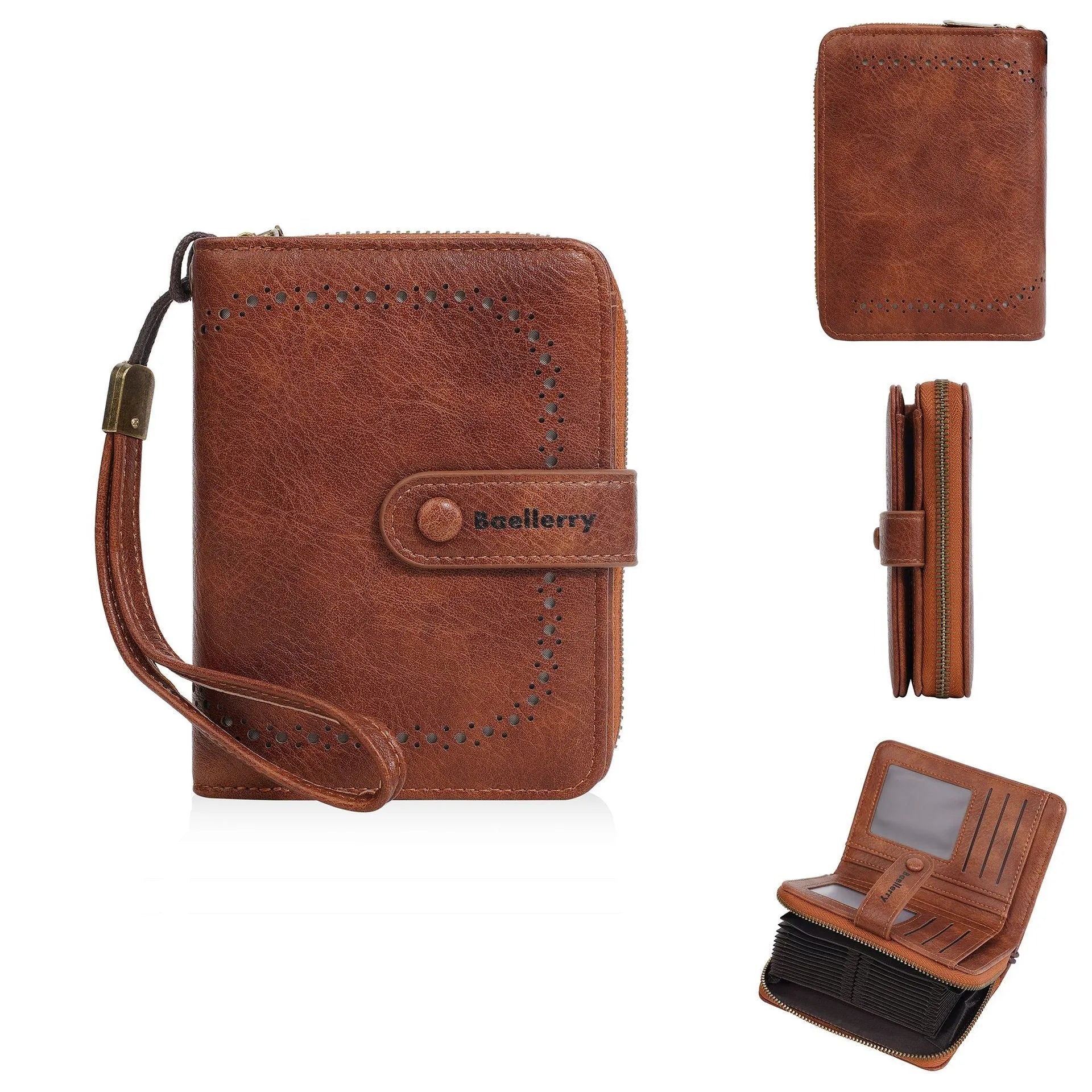 Women's black PU leather zipper coin purse wallet showing card slots and coin compartment.