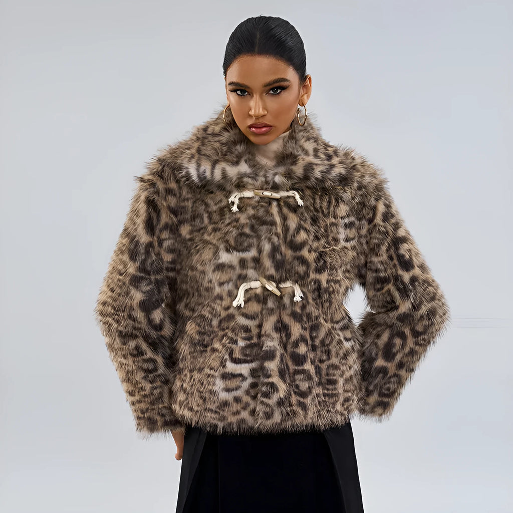 Leopard print women's coat with buckle lapel detail and regular sleeves