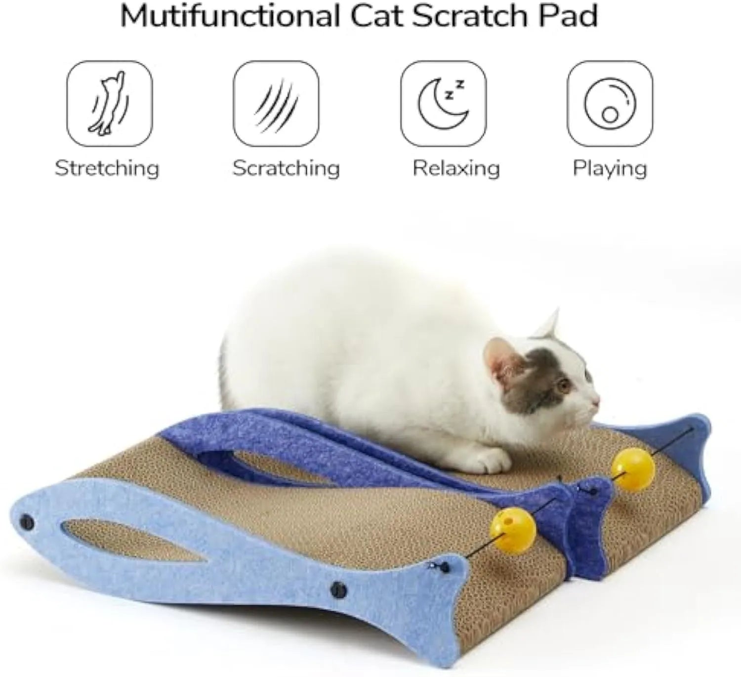 Blue fish-shaped cardboard cat scratcher with ball toy on elastic cord