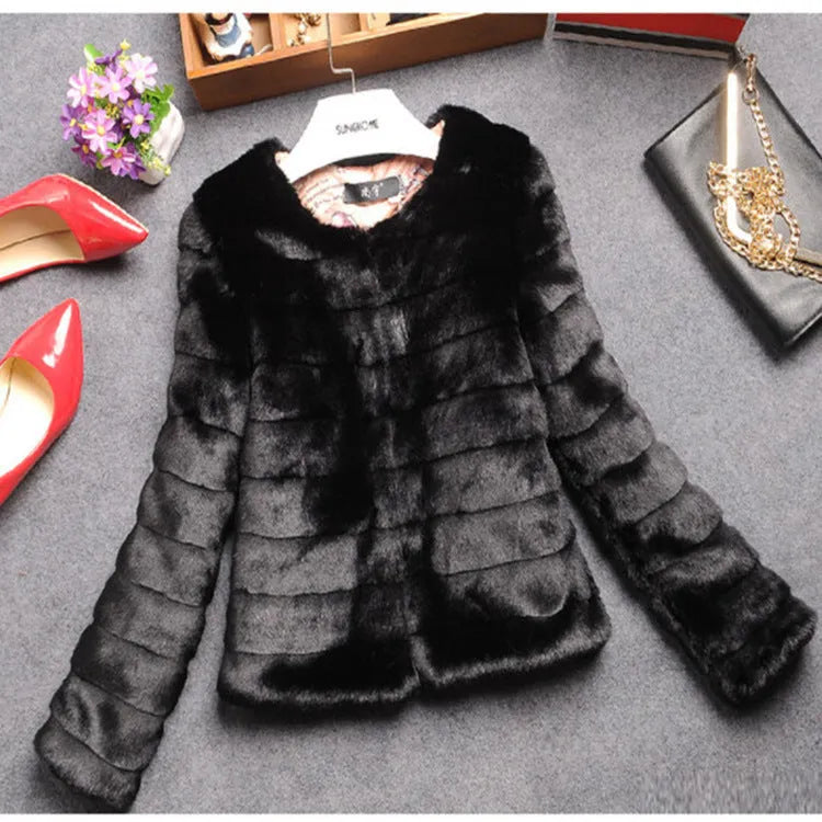 Women's short white faux fur top with regular sleeves and rabbit fur style texture