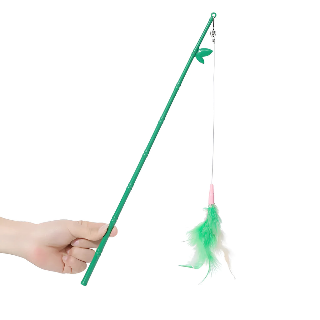 Green interactive cat wand toy with feathers and a bell on a durable plastic handle.