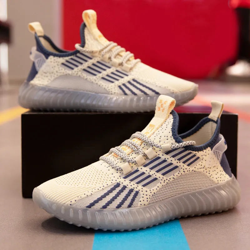 Men's breathable flying fabric sports shoes in black, white, or khaki with mesh lining and round-toe design