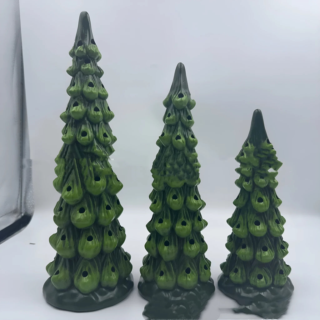 A European-style resin Christmas tree ornament with lights, shown in colour light and warm light variants.