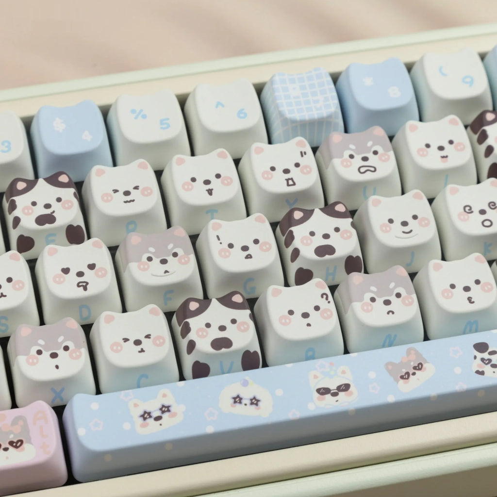 Full set of colourful PBT key caps for mechanical keyboards with printed cat and puppy designs.