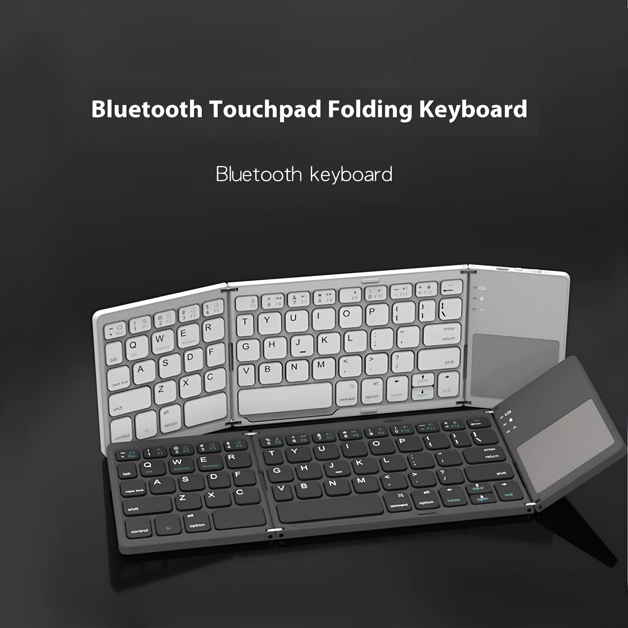 Black mini tri-fold Bluetooth keyboard unfolded next to a tablet, showing its compact size.