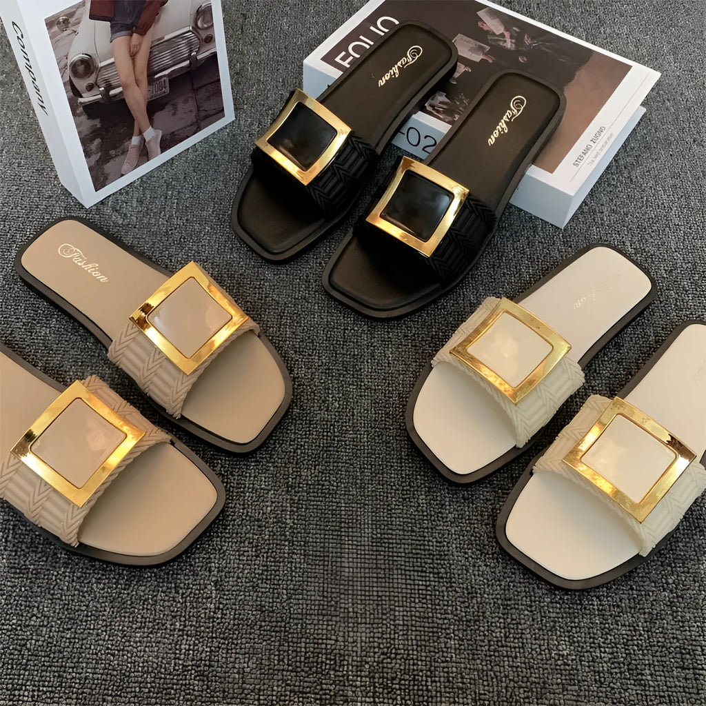 Women's flat summer slippers in apricot, black, or khaki with a lightweight PVC sole.
