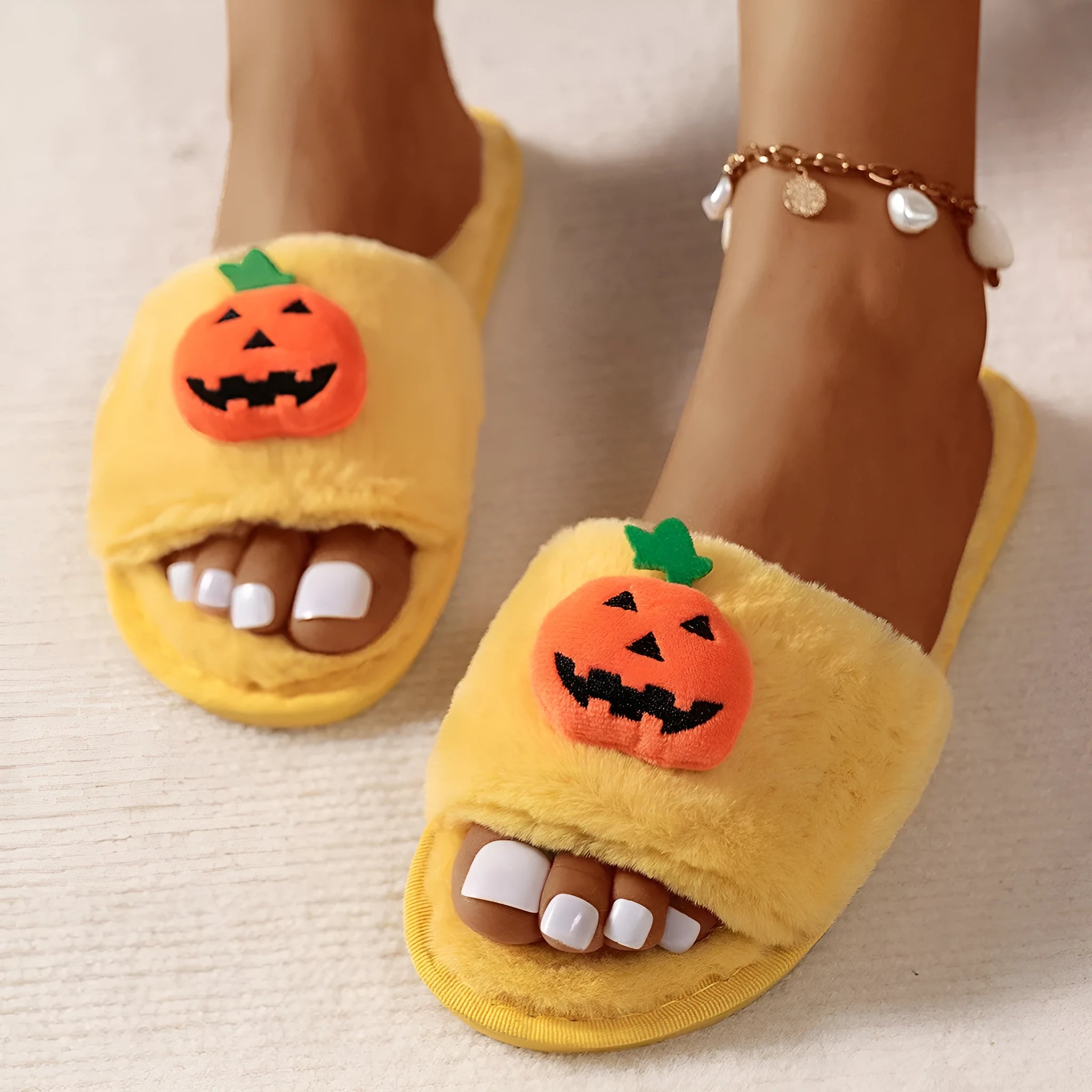 Halloween pumpkin plush open toe slippers in yellow with synthetic fur upper and PVC sole