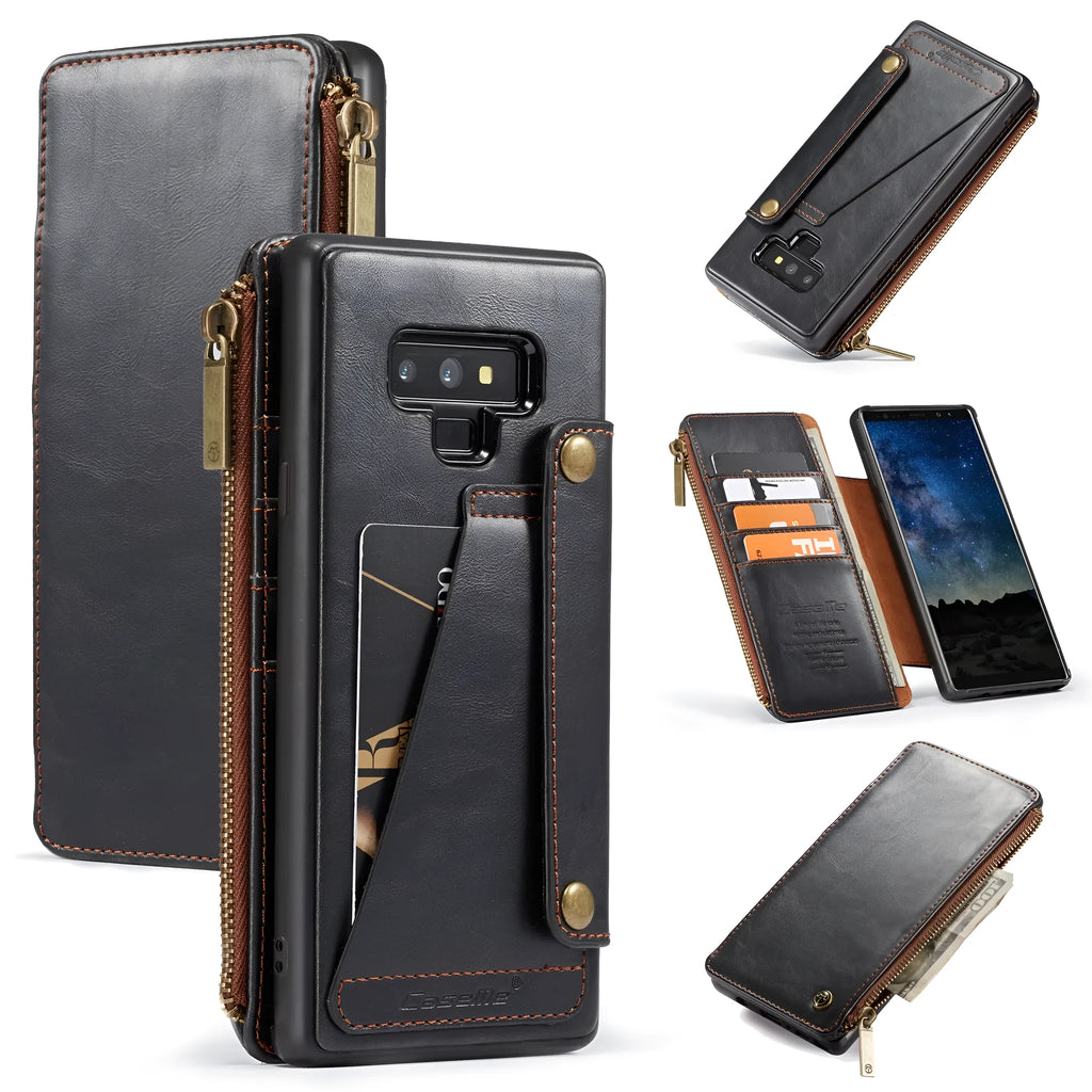 Black PU leather flip phone case for Samsung Galaxy Note9 shown open and closed.