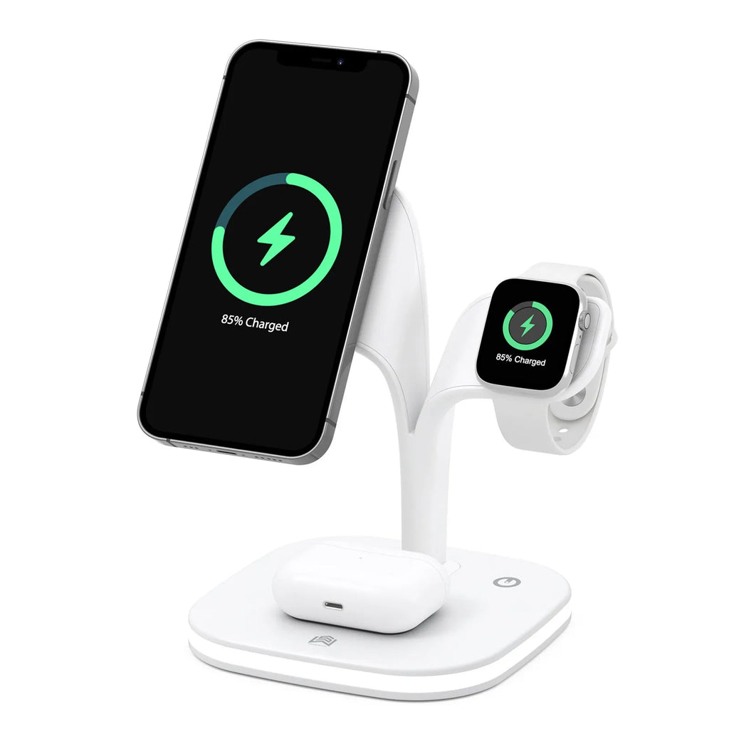 Black wireless charging stand holding a phone, a smartwatch, and wireless earbuds on a desk.