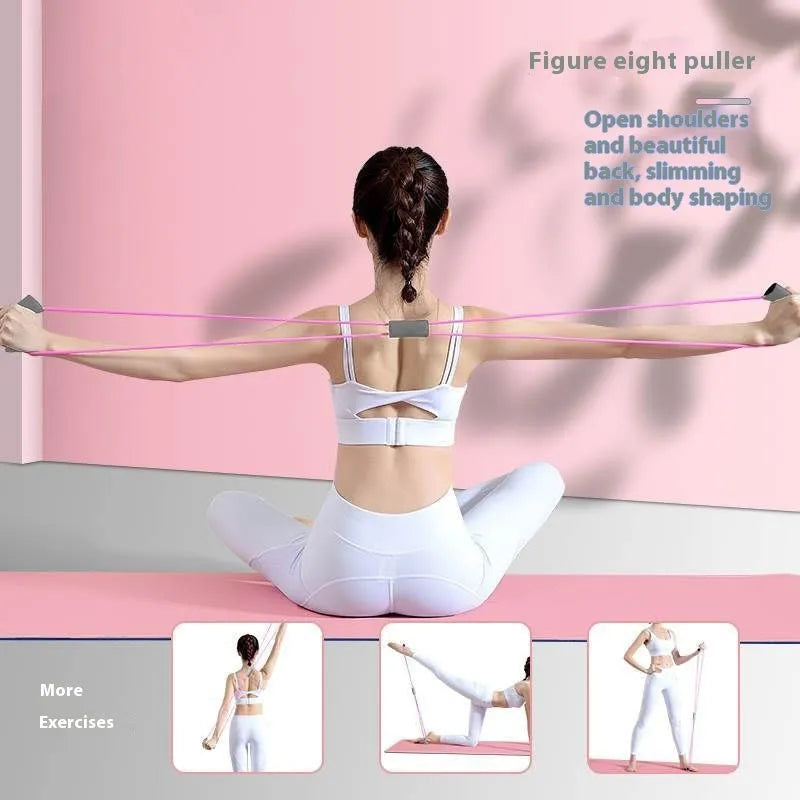 Yoga four piece fitness set showing leg beauty device, yoga ring, pedal tensioner, and figure eight tension rope.