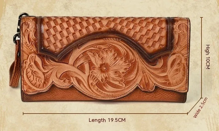 Retro brown women's tri-fold wallet with an embossed Chinese floral pattern, showing card slots and a coin compartment.
