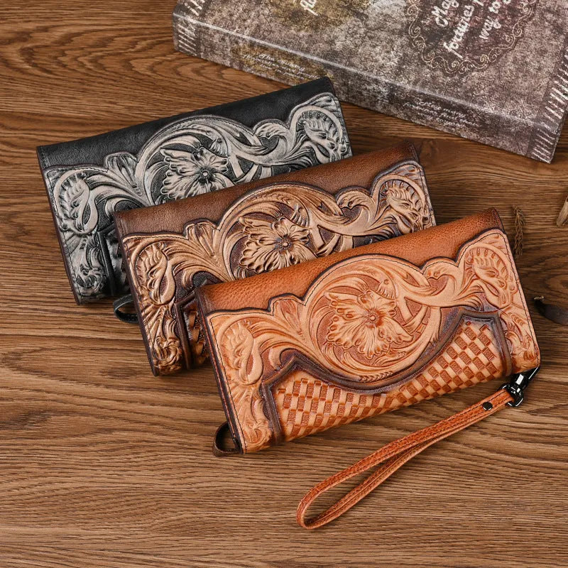 Retro brown women's tri-fold wallet with an embossed Chinese floral pattern, showing card slots and a coin compartment.