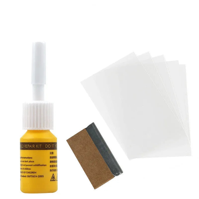 Yellow three-piece car glass repair agent tool set for windshield chip and crack repair