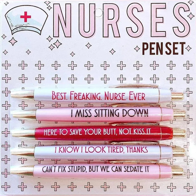 Five nurse-themed retractable ballpoint pens showing two refill colour variations