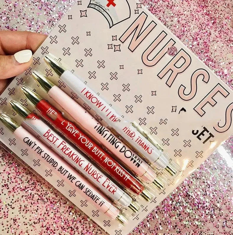 Five nurse-themed retractable ballpoint pens showing two refill colour variations